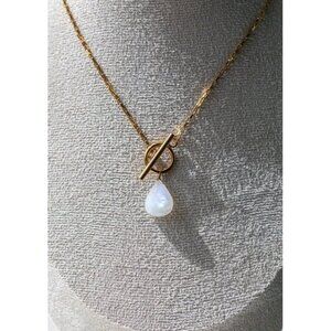 Stunning Moonstone Pendant Necklace 18K WATERPROOF Gold Chain with Toggle clasp